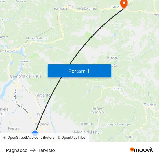 Pagnacco to Tarvisio map