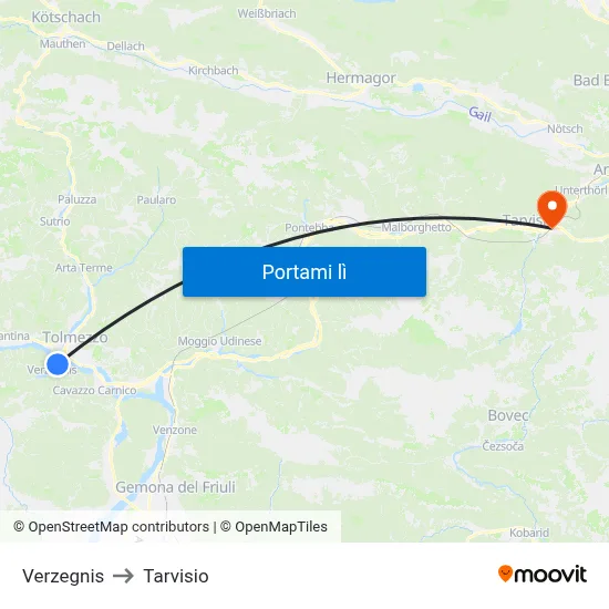 Verzegnis to Tarvisio map