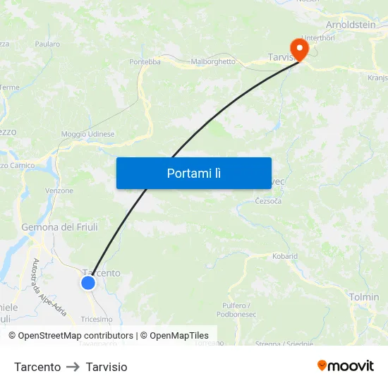 Tarcento to Tarvisio map