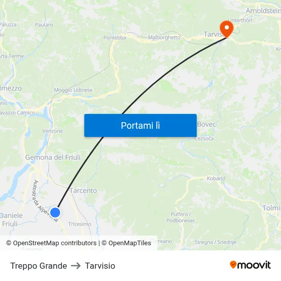 Treppo Grande to Tarvisio map