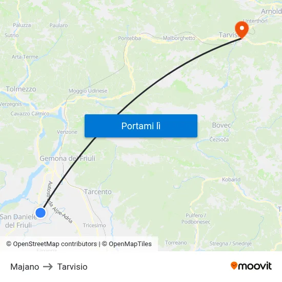 Majano to Tarvisio map