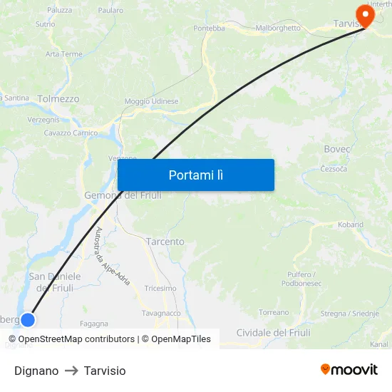 Dignano to Tarvisio map