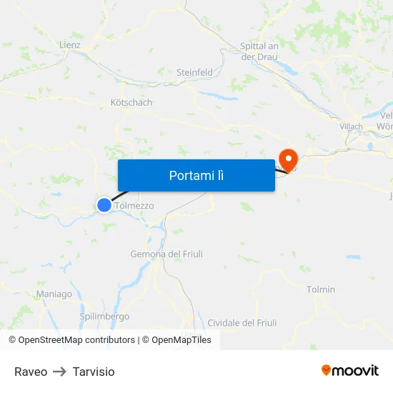 Raveo to Tarvisio map