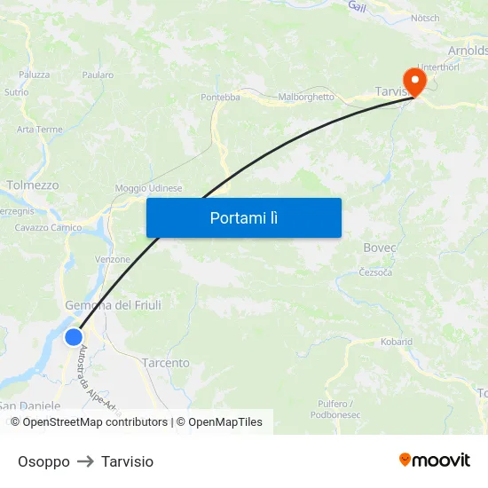 Osoppo to Tarvisio map