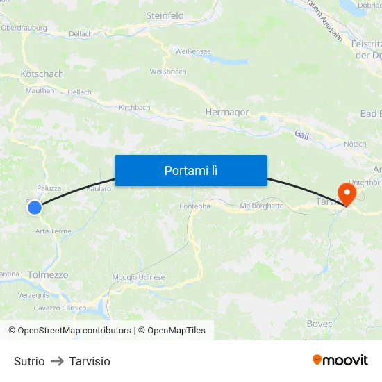 Sutrio to Tarvisio map
