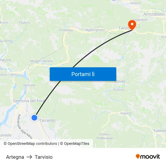 Artegna to Tarvisio map