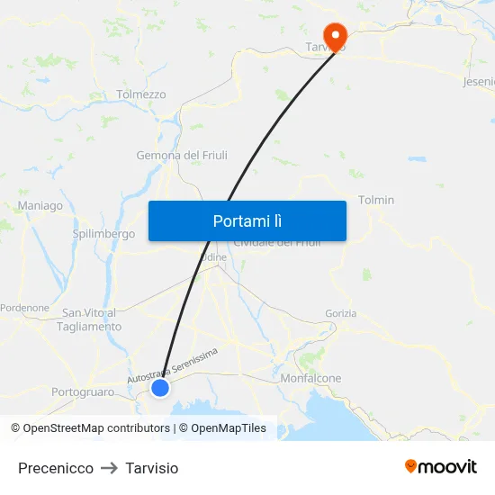 Precenicco to Tarvisio map
