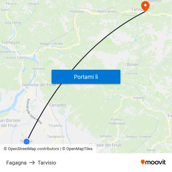 Fagagna to Tarvisio map
