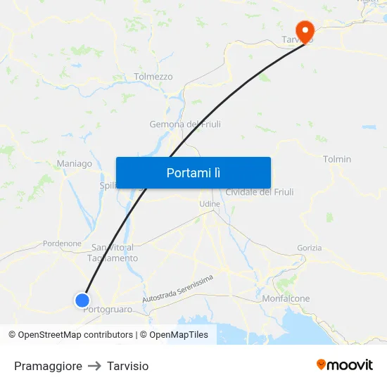 Pramaggiore to Tarvisio map