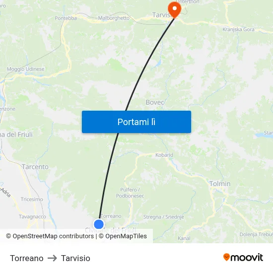 Torreano to Tarvisio map