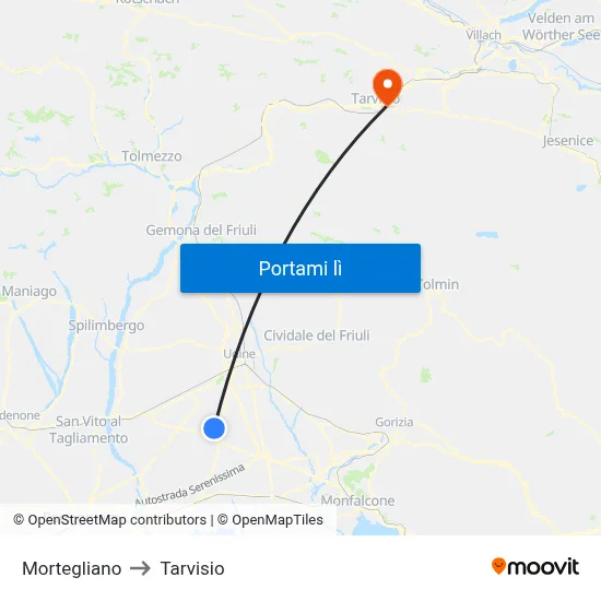 Mortegliano to Tarvisio map
