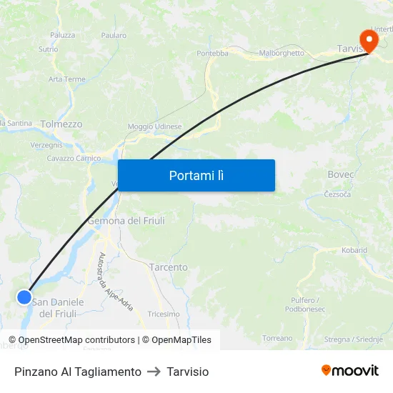Pinzano Al Tagliamento to Tarvisio map
