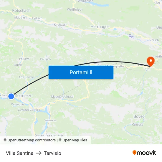 Villa Santina to Tarvisio map