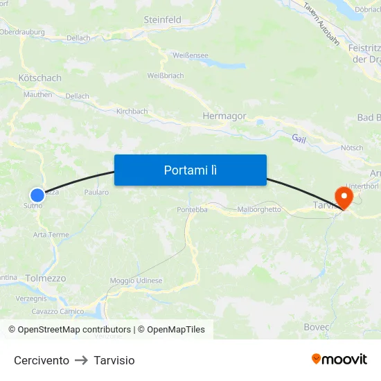 Cercivento to Tarvisio map
