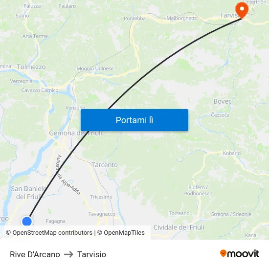 Rive D'Arcano to Tarvisio map