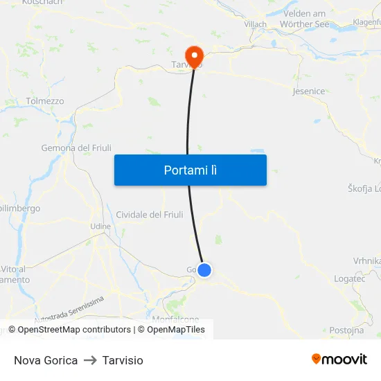 Nova Gorica to Tarvisio map