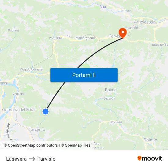 Lusevera to Tarvisio map