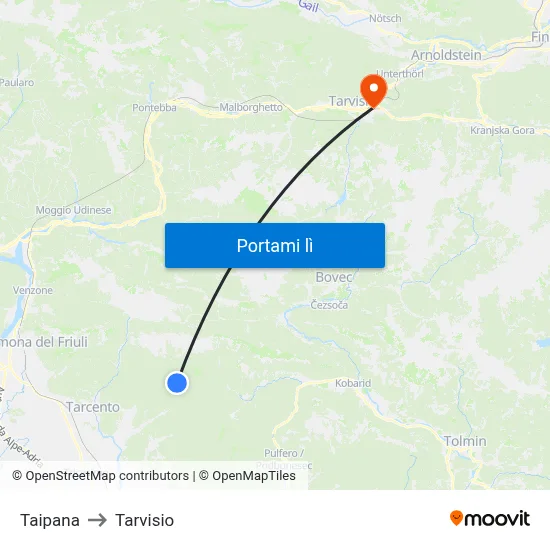 Taipana to Tarvisio map
