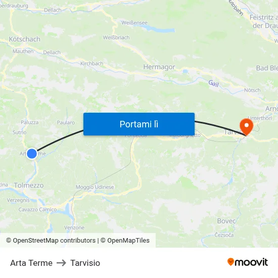 Arta Terme to Tarvisio map