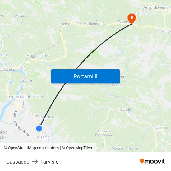 Cassacco to Tarvisio map