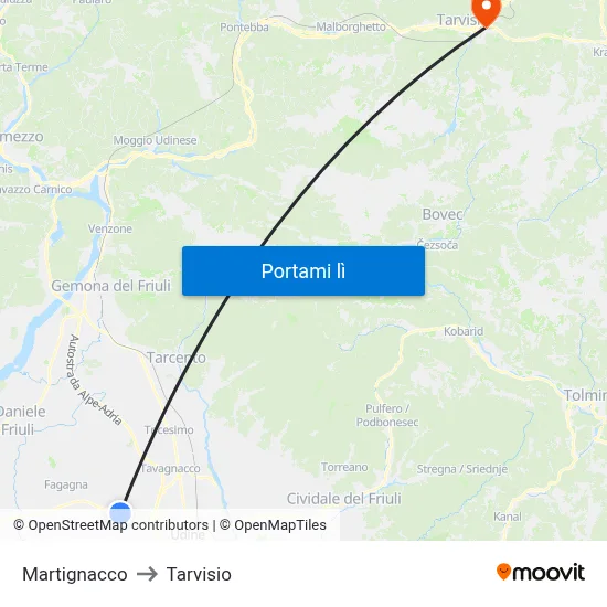 Martignacco to Tarvisio map