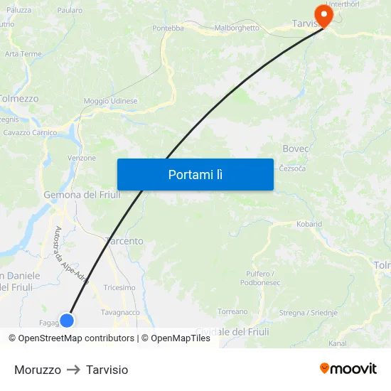 Moruzzo to Tarvisio map