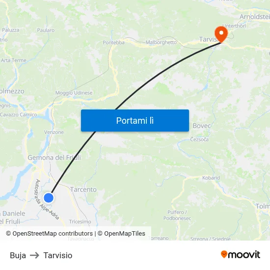 Buja to Tarvisio map