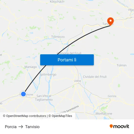 Porcia to Tarvisio map