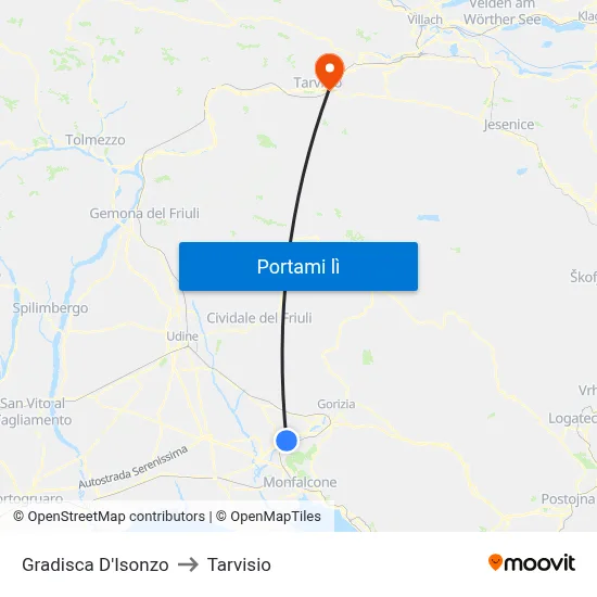 Gradisca D'Isonzo to Tarvisio map