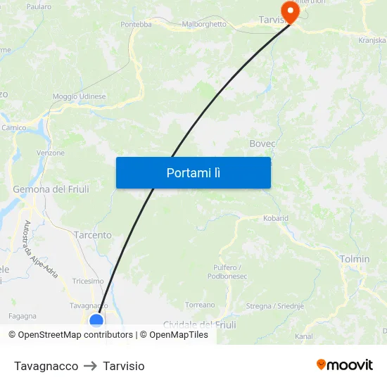 Tavagnacco to Tarvisio map