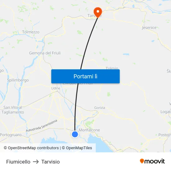 Fiumicello to Tarvisio map