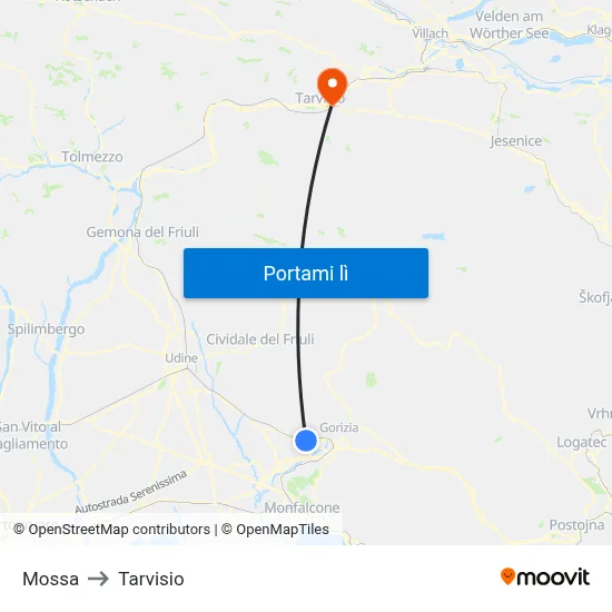 Mossa to Tarvisio map