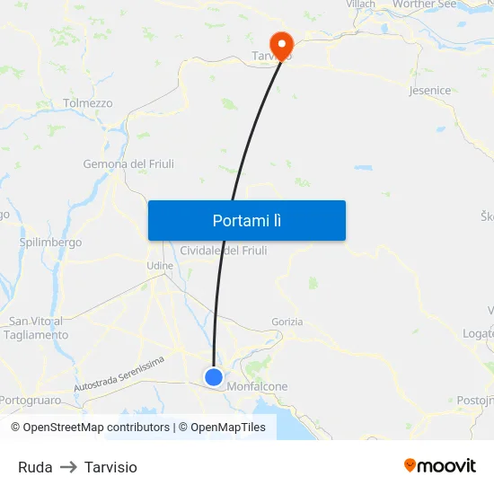 Ruda to Tarvisio map