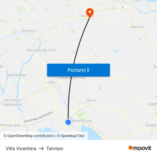 Villa Vicentina to Tarvisio map