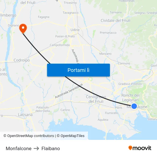 Monfalcone to Flaibano map