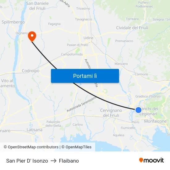 San Pier D' Isonzo to Flaibano map