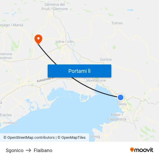 Sgonico to Flaibano map