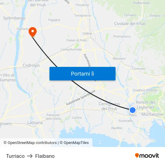 Turriaco to Flaibano map