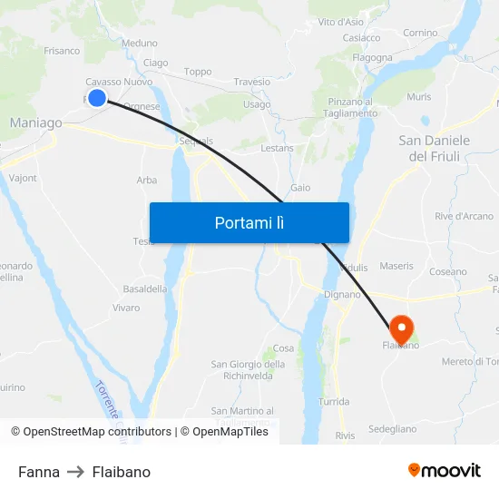 Fanna to Flaibano map