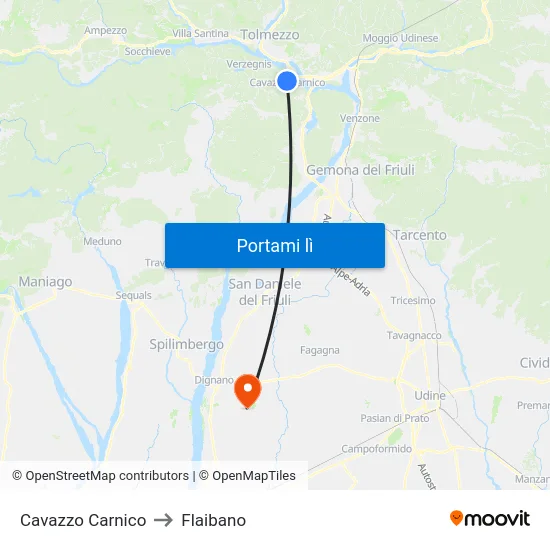 Cavazzo Carnico to Flaibano map