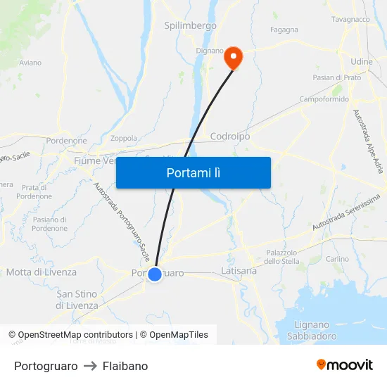 Portogruaro to Flaibano map