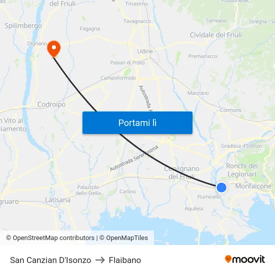 San Canzian D'Isonzo to Flaibano map