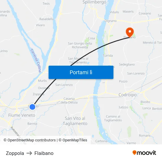 Zoppola to Flaibano map