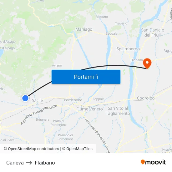 Caneva to Flaibano map
