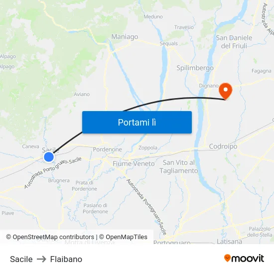 Sacile to Flaibano map