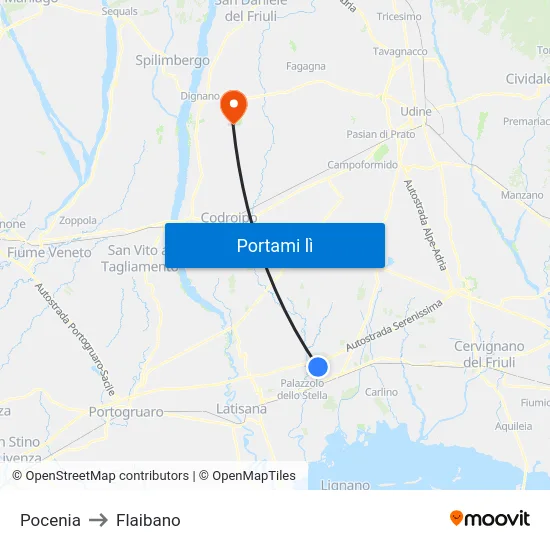 Pocenia to Flaibano map