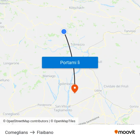 Comeglians to Flaibano map
