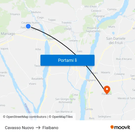 Cavasso Nuovo to Flaibano map