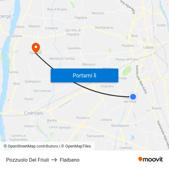 Pozzuolo Del Friuli to Flaibano map