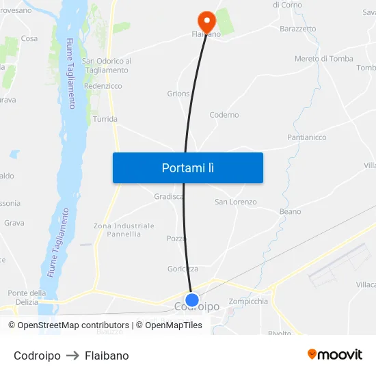 Codroipo to Flaibano map